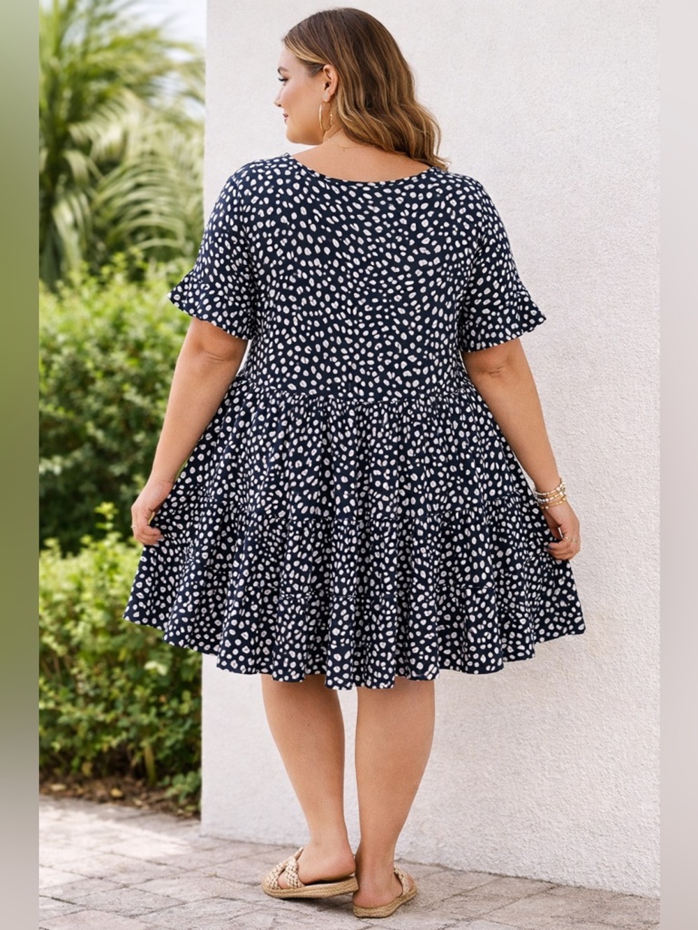 Plus Size Navy and White Polka Tiered V-Neck Dress - Picture 2 of 6